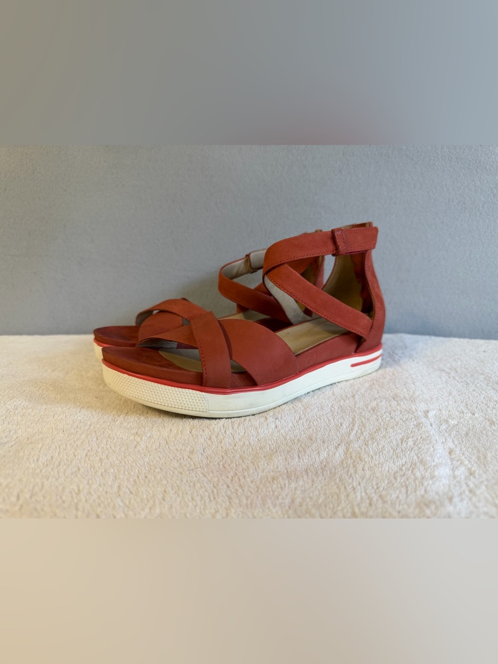Eileen Fisher SALLY Wedge Sandals Back-Zip Leather Sz 8 Women Orange/White